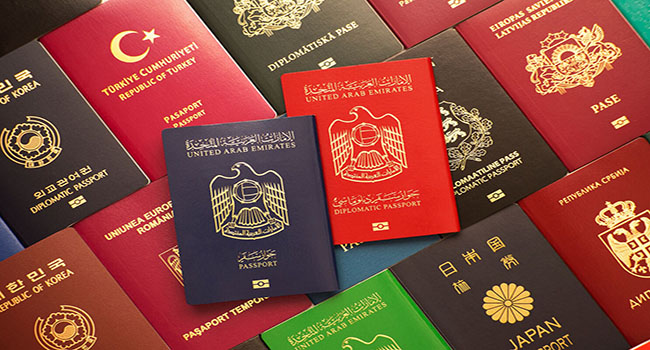 Blue and red biometric passports of United Arab Emirates on background of various documents of many countries of the world