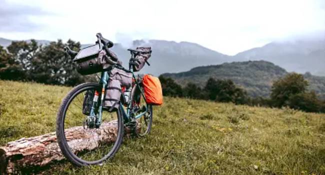 Travelers packed mountain bike with no people