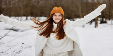 woman in winter clothes in a hat fun winter landscape There is a lot of snow around. High quality photo